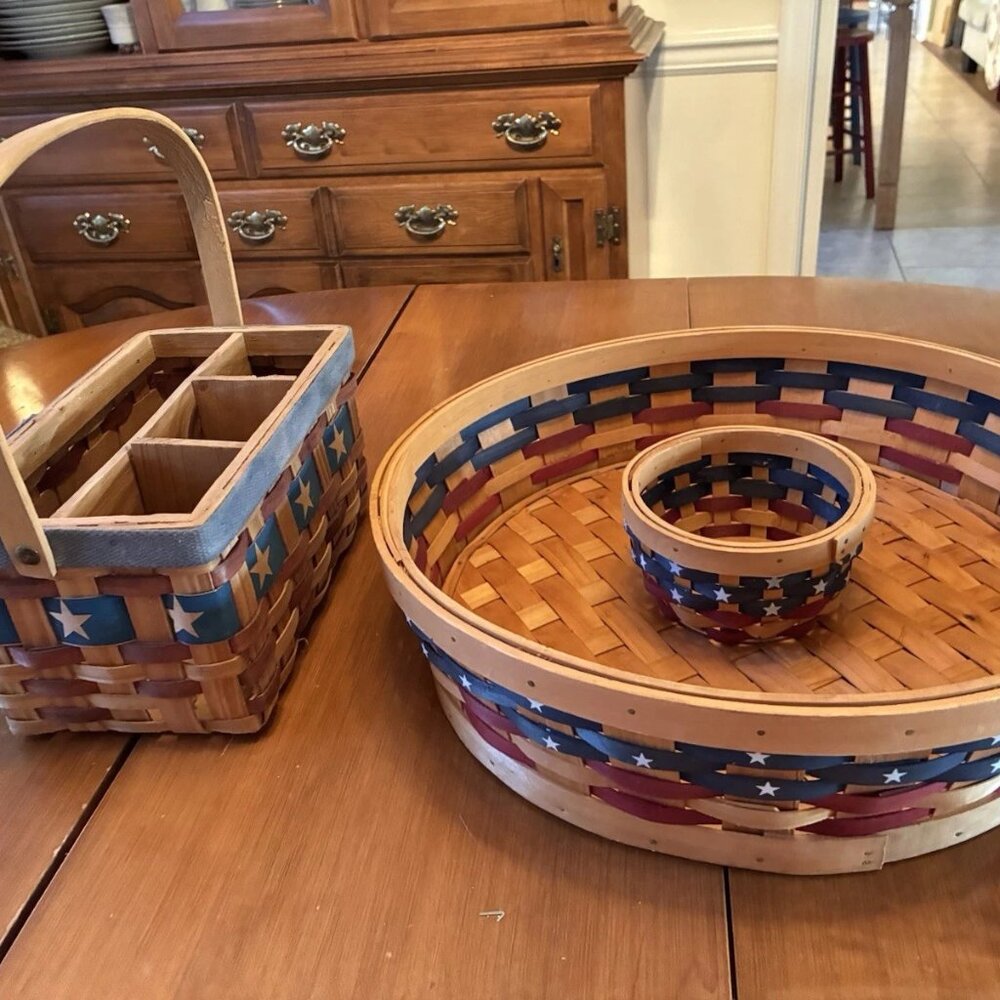 Longaberger Americana Basket Set - Patriotic Utensil Caddy & Round Chip/Dip Tray